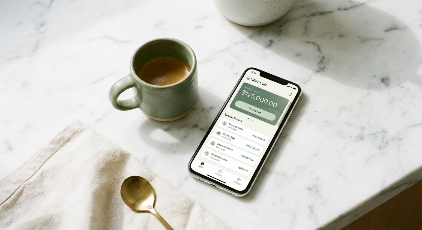 An overhead view of a coffee cup next to a banking app, showing the potential of small savings.