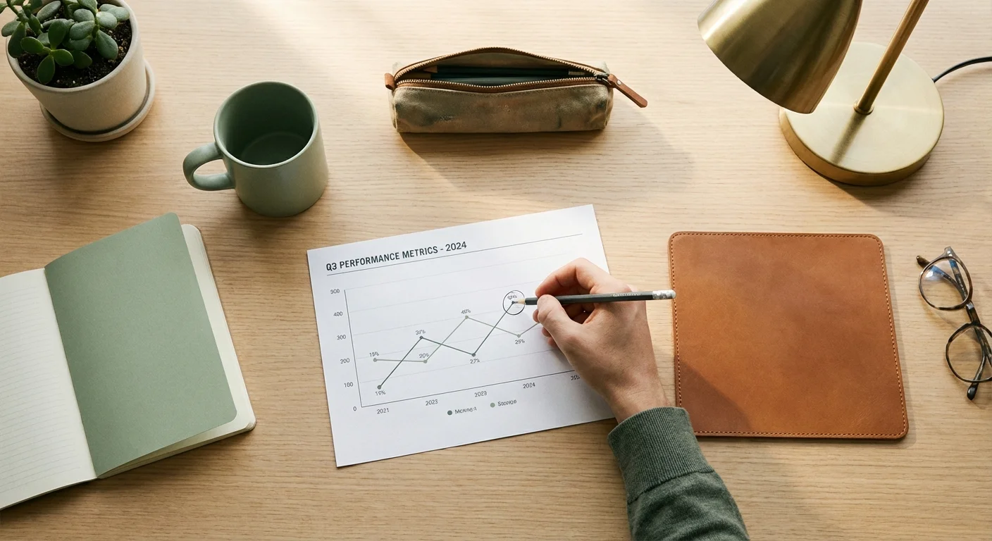 An overhead view of a hand circling data on a financial chart with a pencil on a wooden desk.