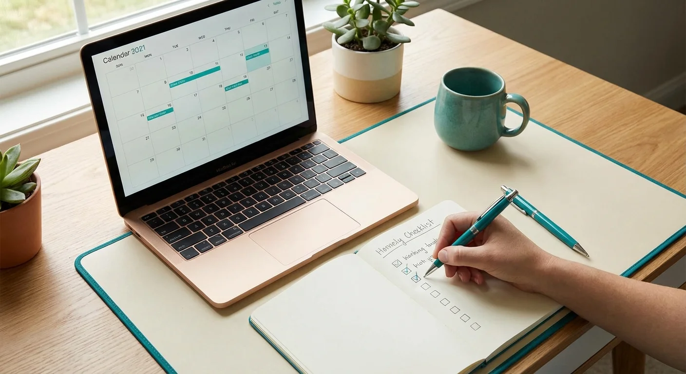 An overhead view of a workspace with a laptop and a checklist being marked off.
