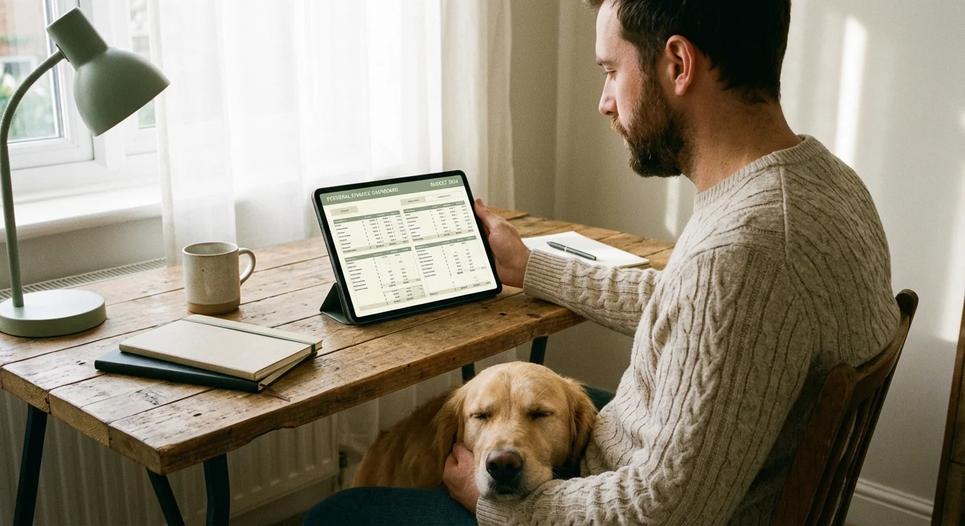 An owner reviewing finances on a tablet with their dog nearby, illustrating responsible budgeting.