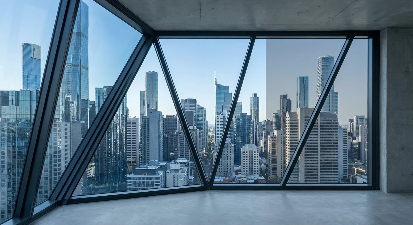 An urban skyline framed by a window, representing the geographic variations in state tax laws.