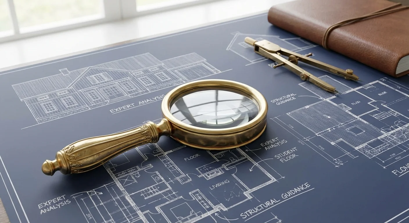 A 3D magnifying glass resting on a blueprint, symbolizing expert analysis.