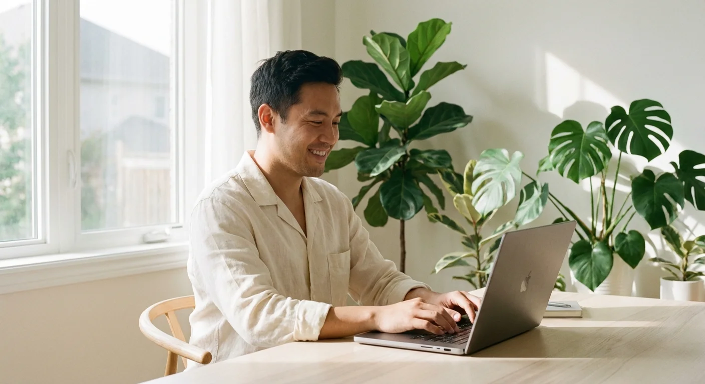 A professional working comfortably at a minimalist home desk, representing digital networking.