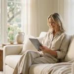 A woman relaxing on a sofa with a tablet in a bright, modern living room, representing financial peace of mind.