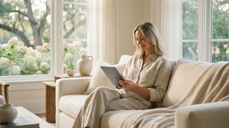 A woman relaxing on a sofa with a tablet in a bright, modern living room, representing financial peace of mind.