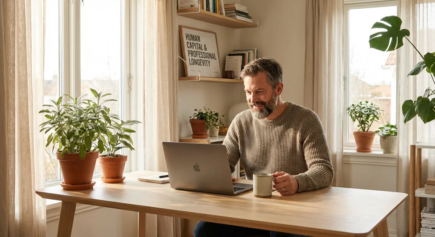 A man working calmly at a clean, modern desk with plants and natural light.