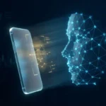 3D render of a digital face scan grid appearing over a smartphone in a dark, high-tech setting.