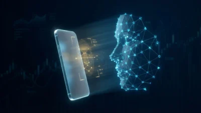 3D render of a digital face scan grid appearing over a smartphone in a dark, high-tech setting.
