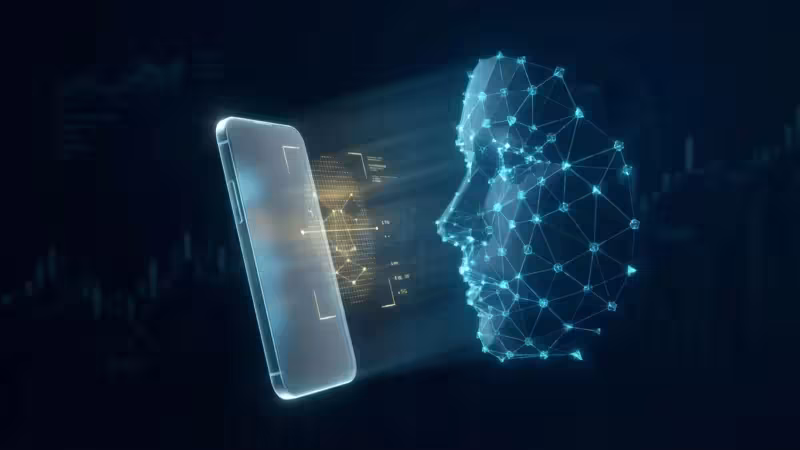 3D render of a digital face scan grid appearing over a smartphone in a dark, high-tech setting.