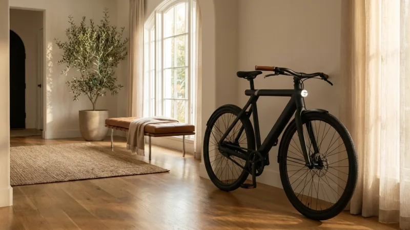 Sleek black electric bicycle parked in a modern minimalist living room with warm sunlight
