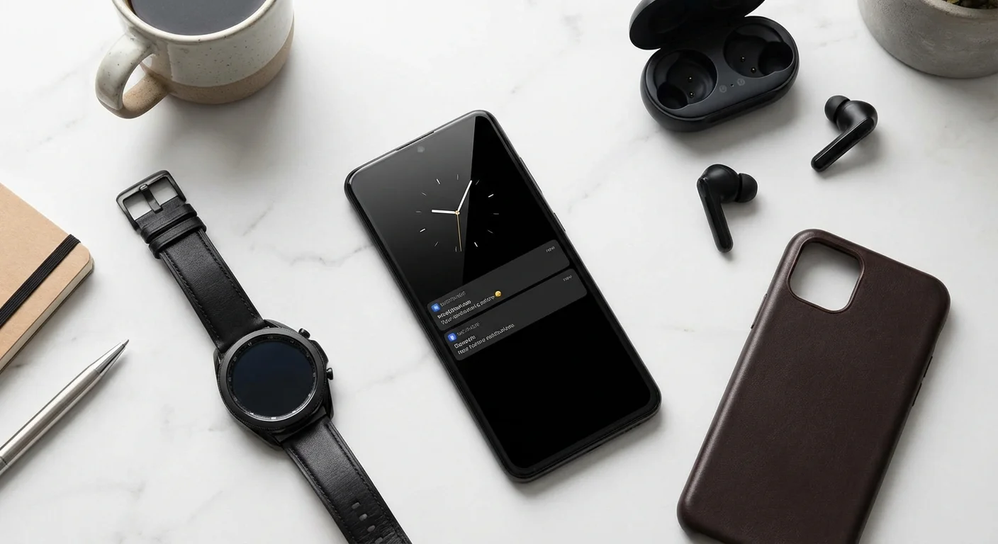 A new smartphone surrounded by matching high-tech accessories on a marble surface.