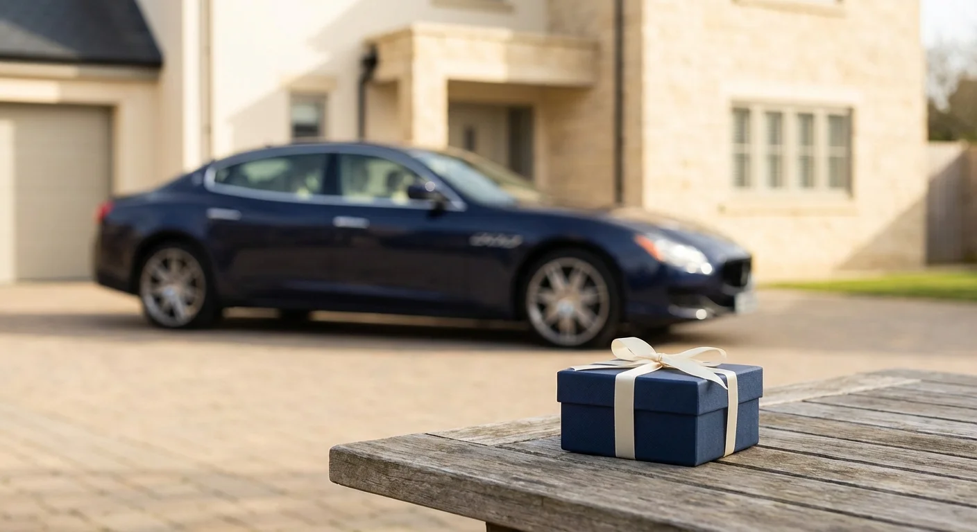 A person standing by their car in a driveway, thoughtfully checking their phone.