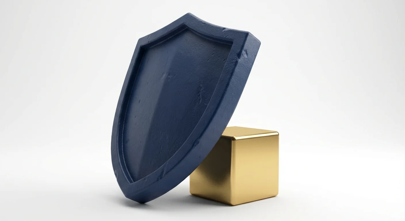 A solid 3D navy shield protecting a gold cube, representing the protective nature of bond tax treatment.