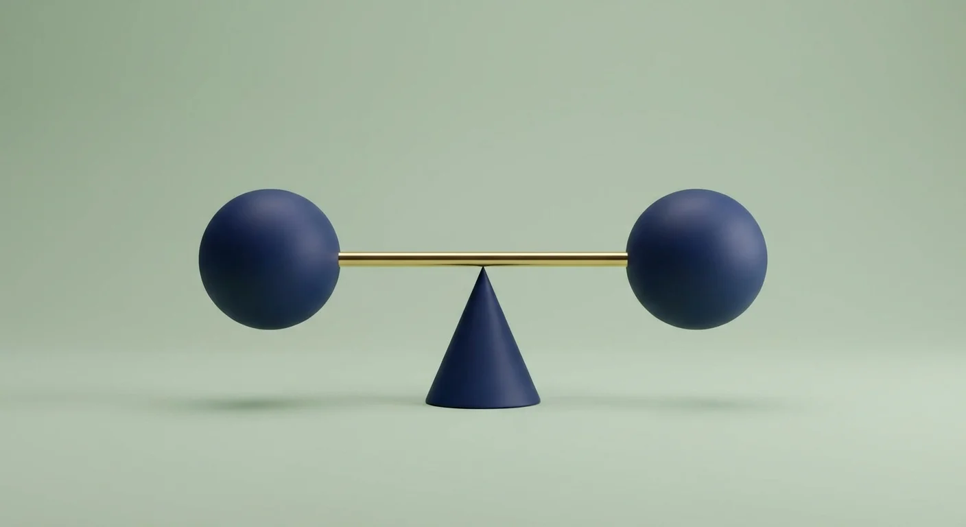 A minimalist 3D barbell structure balanced on a single point.