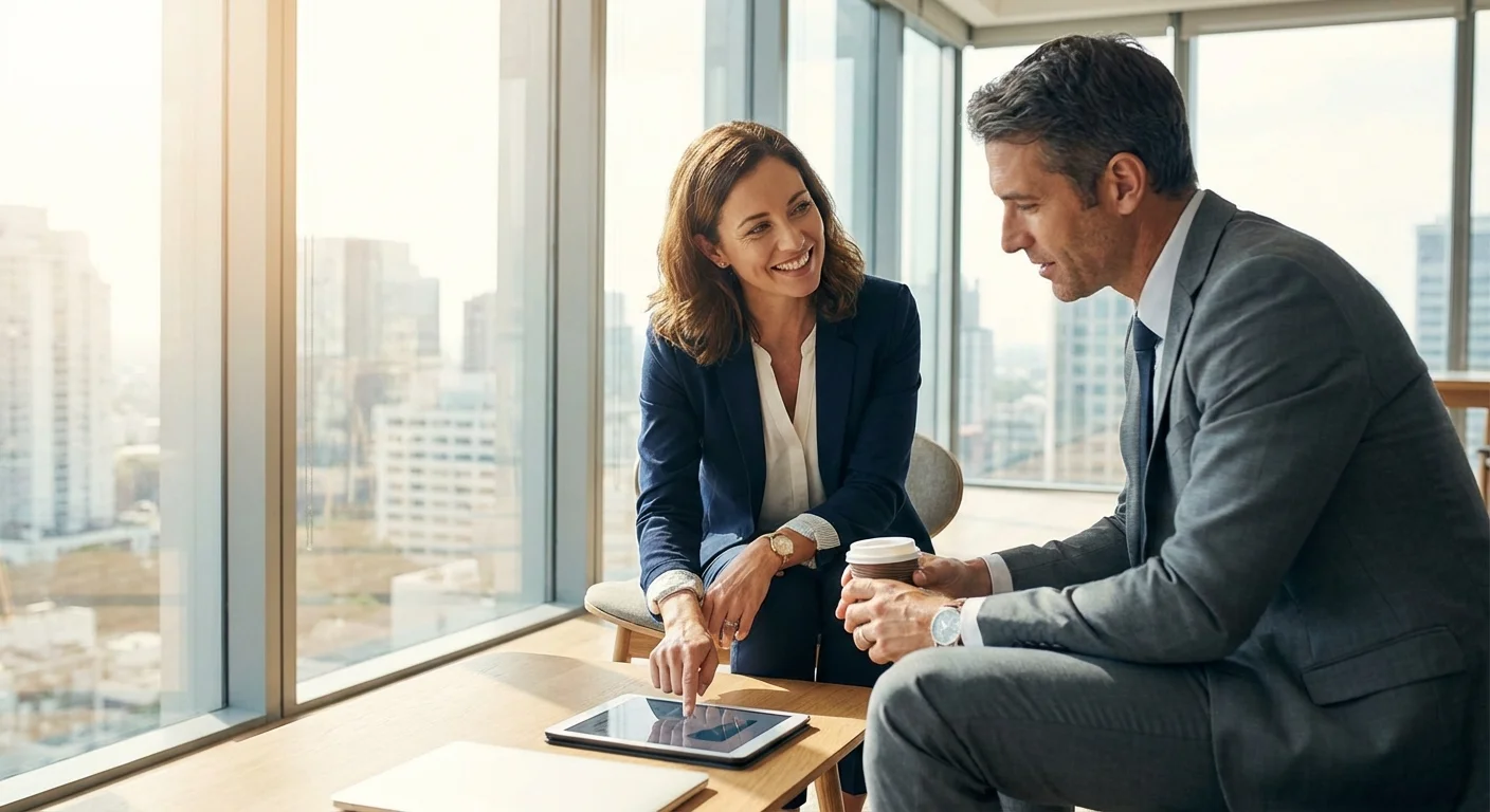 Two professionals talking in a modern office, representing the choice between self-guided or professional advice.