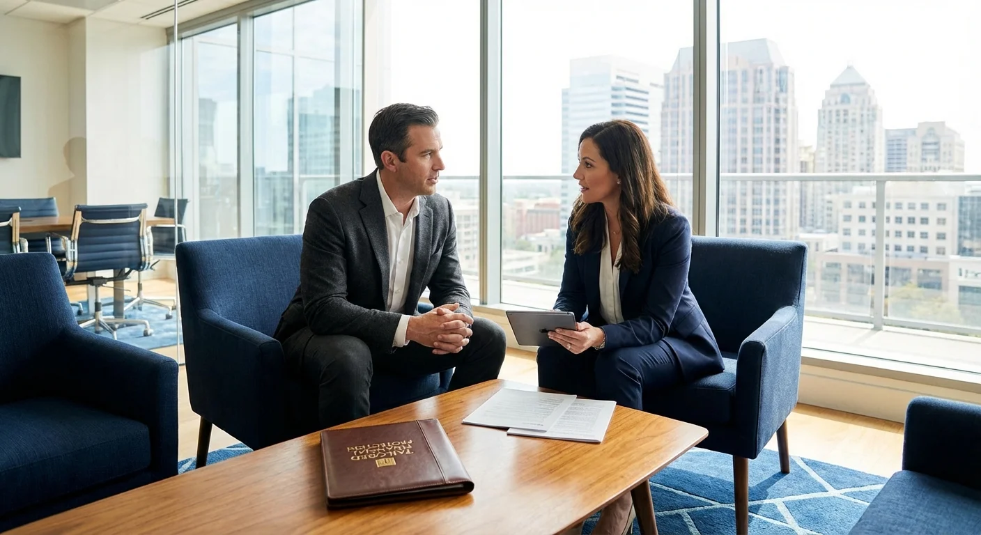 Man discussing insurance options with a professional advisor in a bright office.