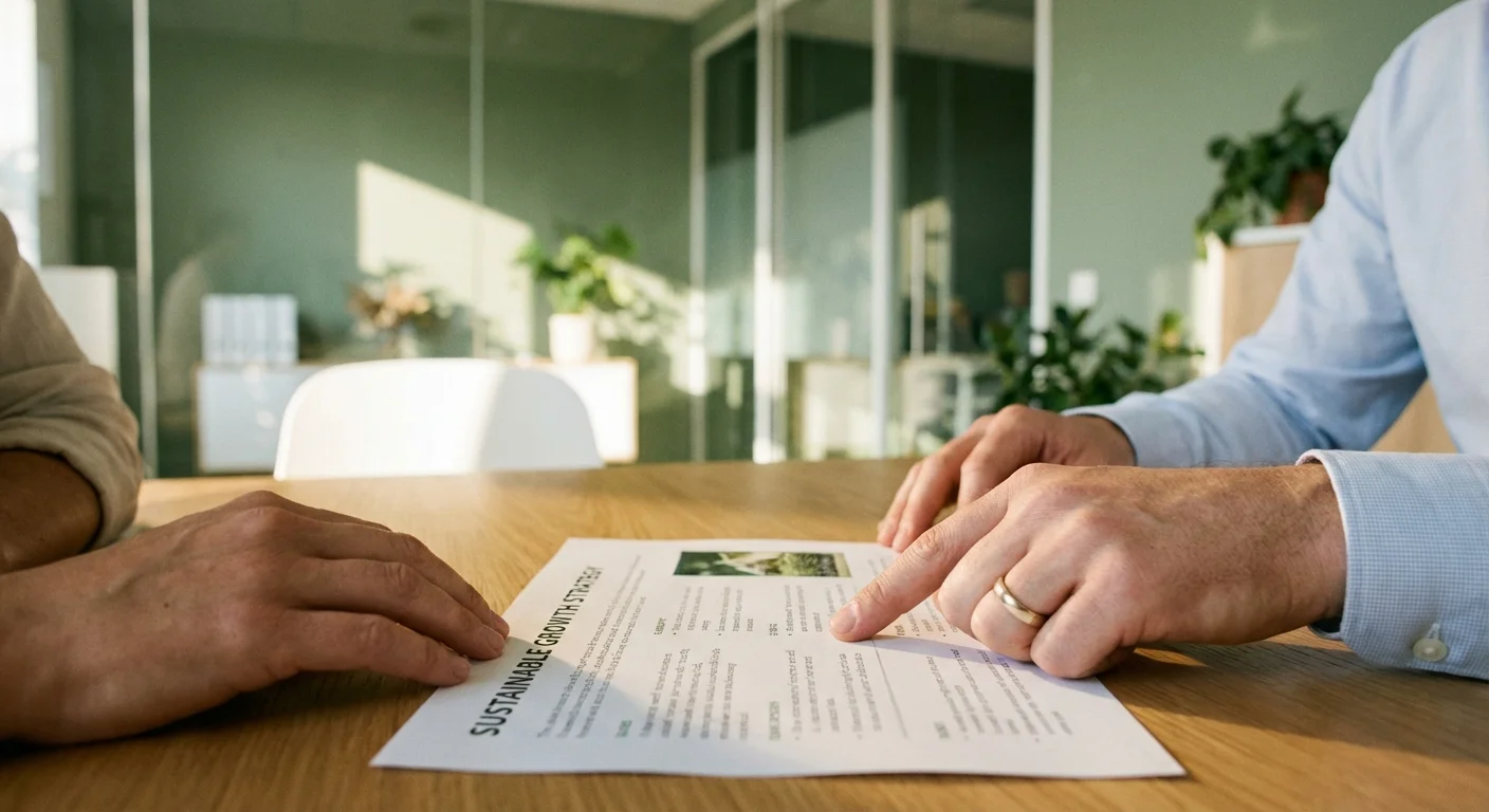 Hands moving a corporate ID badge to reveal a personal business planner on a wooden desk.