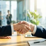 Two business professionals in suits shaking hands over a wooden desk in a bright office