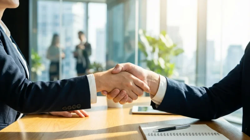 Two business professionals in suits shaking hands over a wooden desk in a bright office