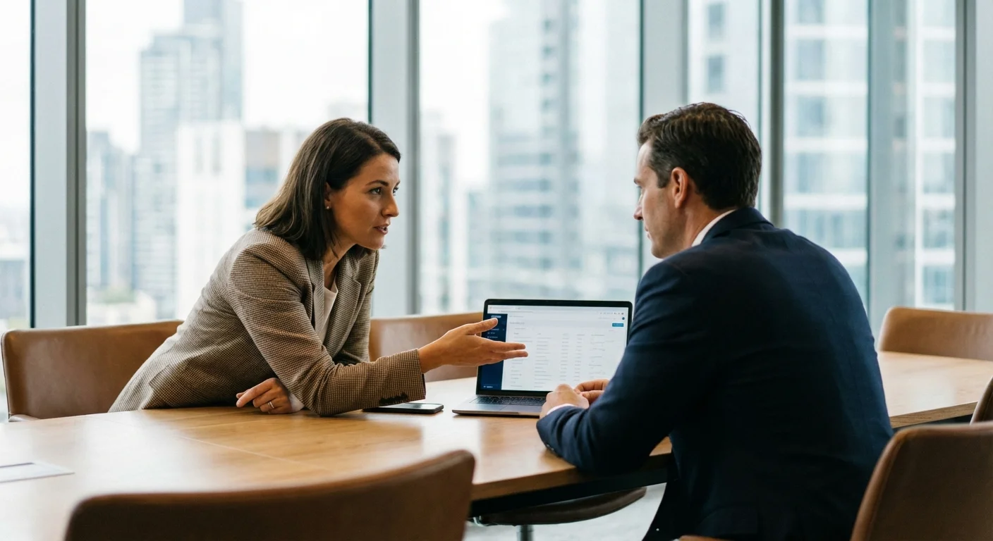Two professionals have a serious discussion in a modern, sunlit office.