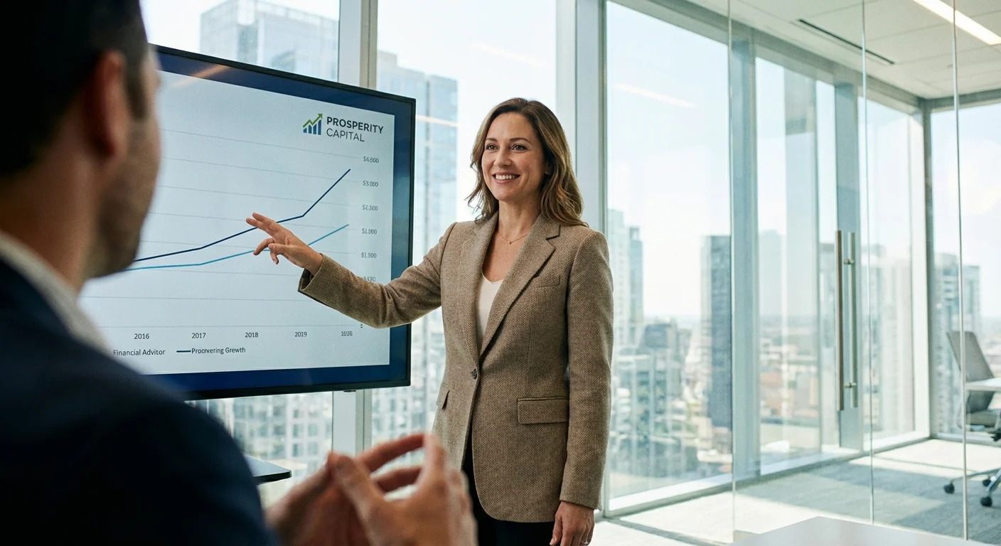 A financial advisor meeting with a client in a bright, modern office setting.