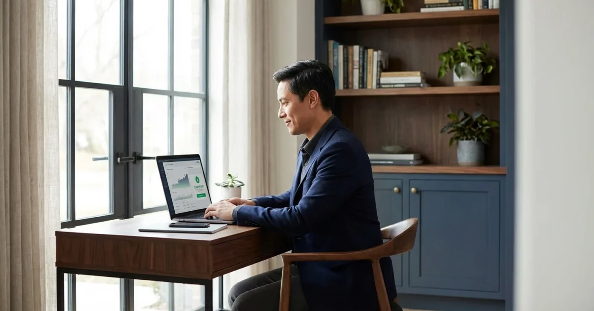 Businessman in a blue blazer analyzing financial data on a laptop in his office