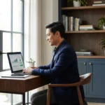 Businessman in a blue blazer analyzing financial data on a laptop in his office