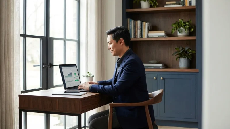 Businessman in a blue blazer analyzing financial data on a laptop in his office