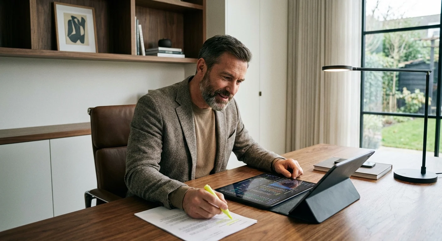 A man reviewing documents on a tablet in a modern home office.