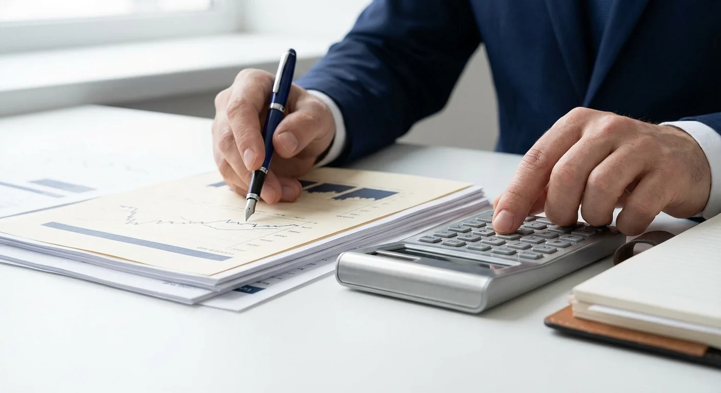 A professional reviewing business documents in a modern, glass-walled office setting.