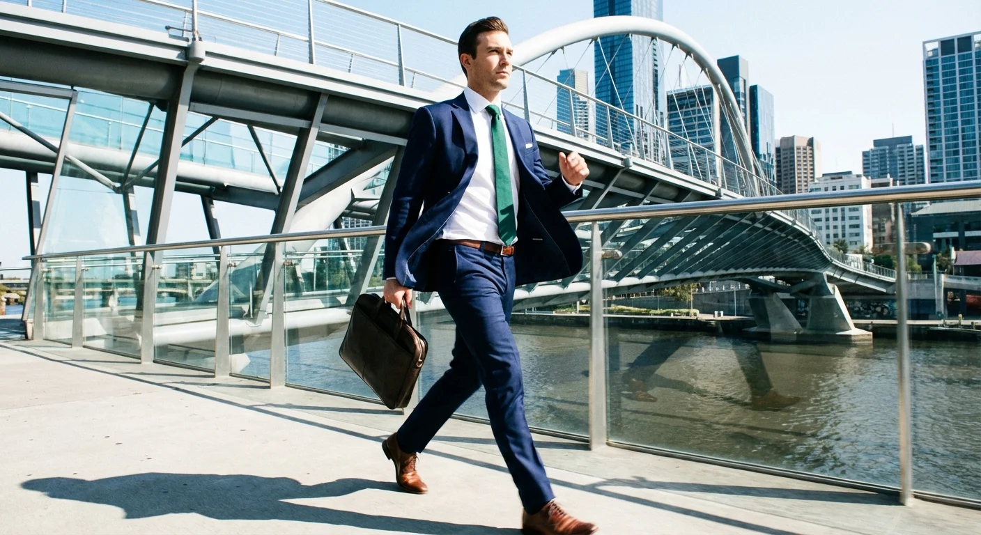A professional man walks across a modern bridge, symbolizing a career transition.
