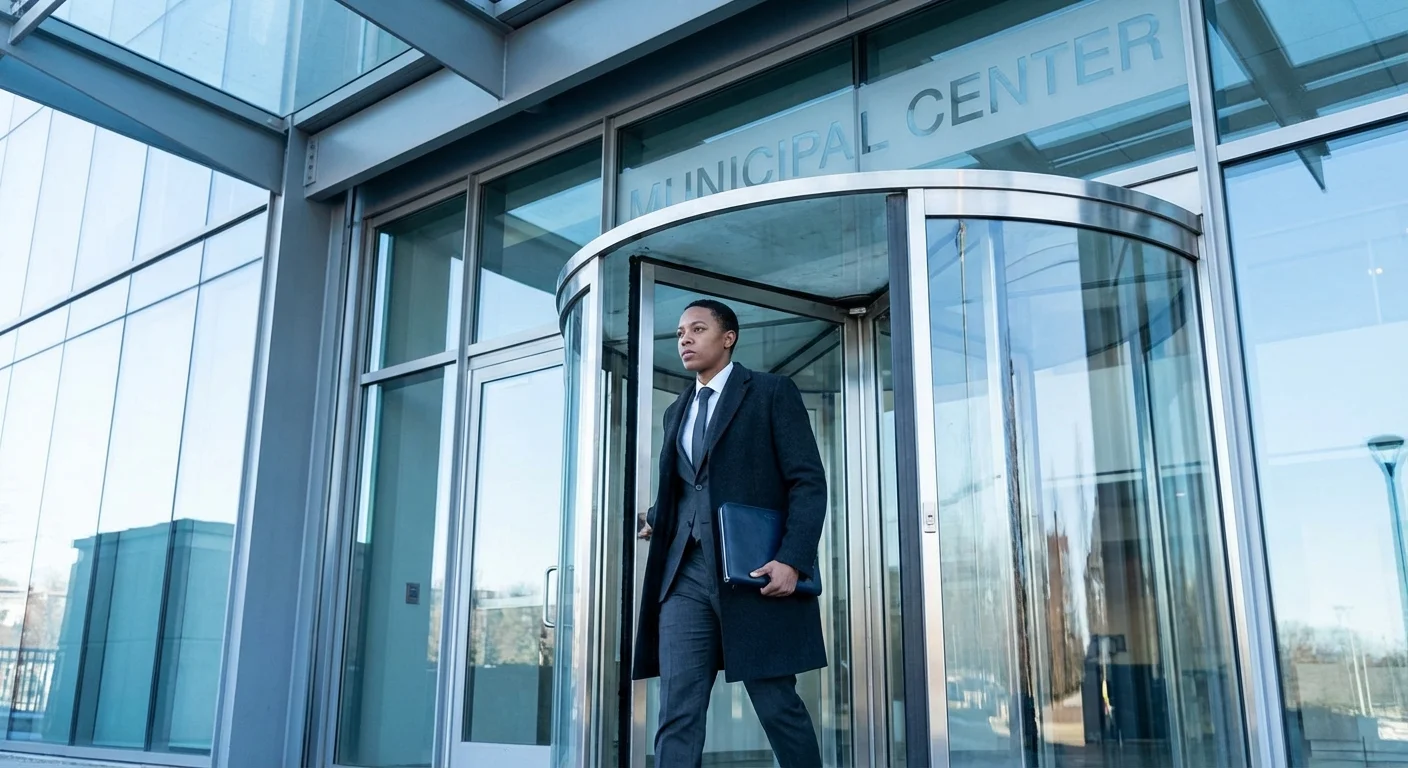 Professional person walking into a modern government building with documents.