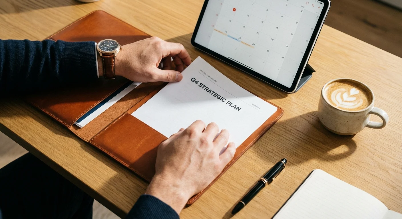 Hands organizing tax documents into a leather folder on a desk.
