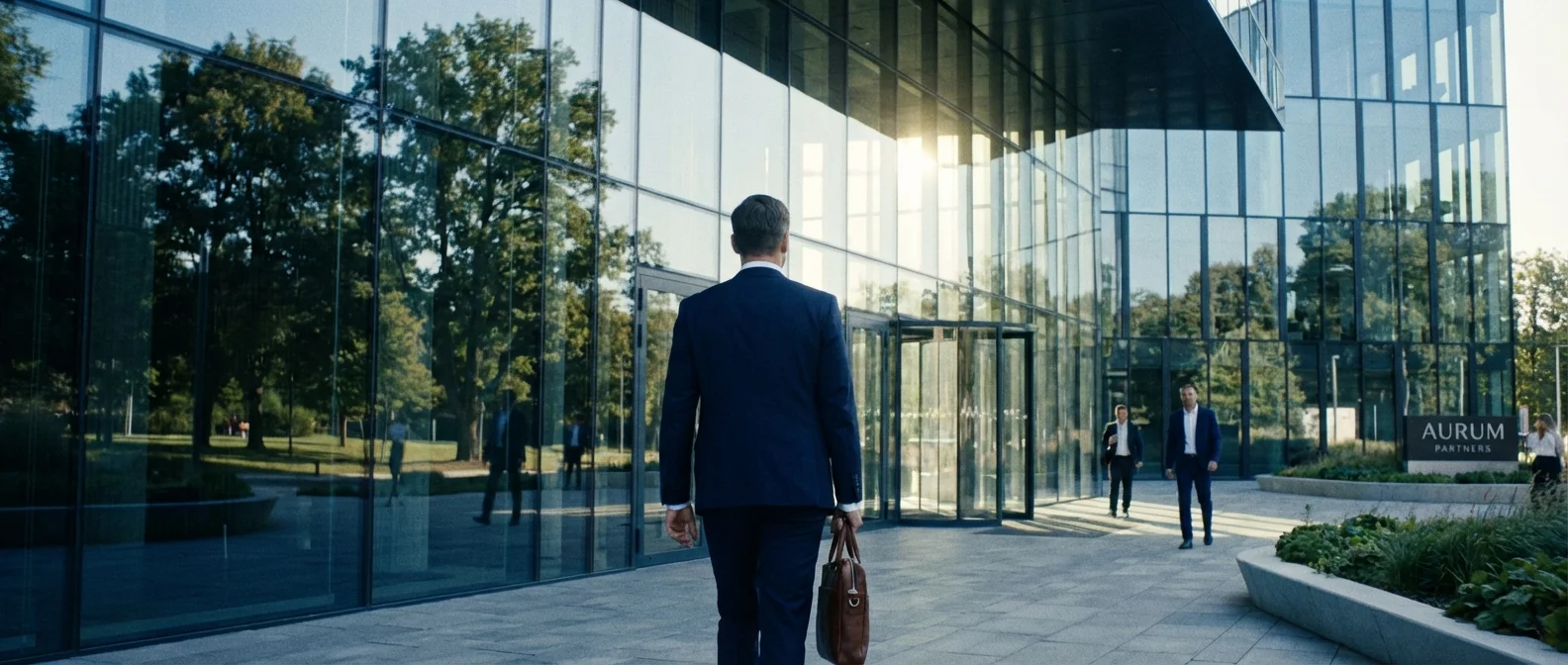 A professional entering a modern office building, representing a new job start.