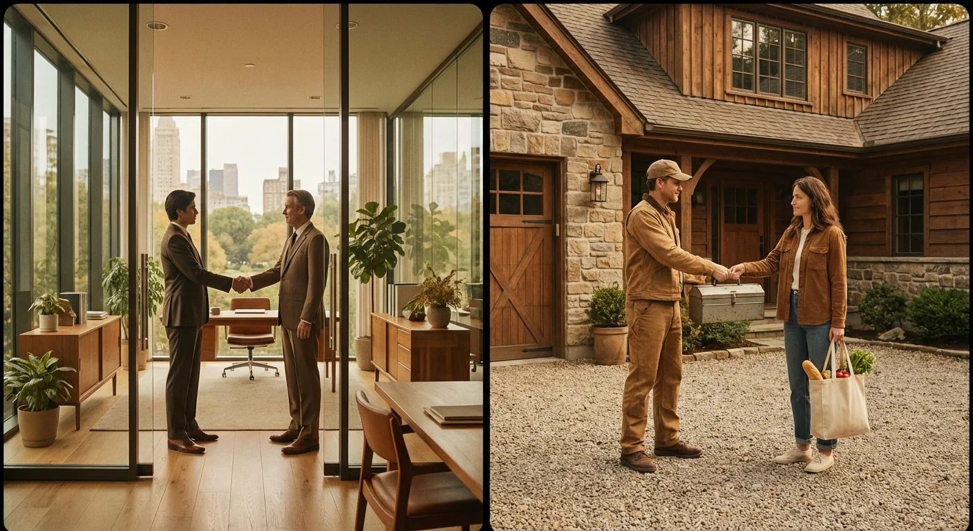 A comparison of a formal office trade and a casual neighborhood exchange.