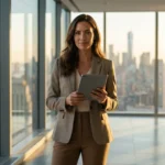 Professional woman holding a tablet in a high-rise office overlooking a city skyline at sunset.