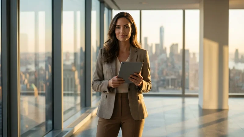 Professional woman holding a tablet in a high-rise office overlooking a city skyline at sunset.