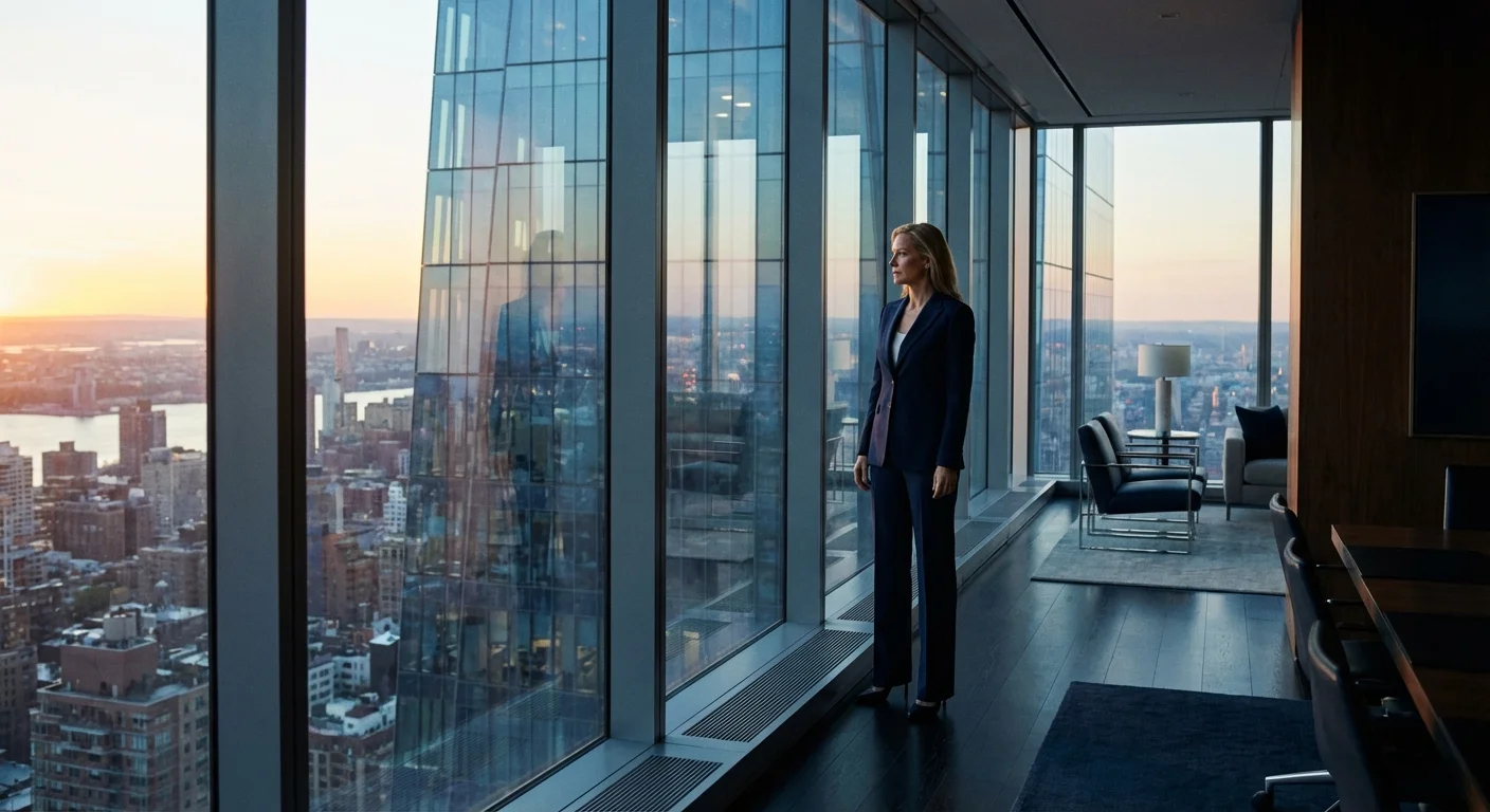 A professional looks out of a high-rise office window at the city skyline at dawn.