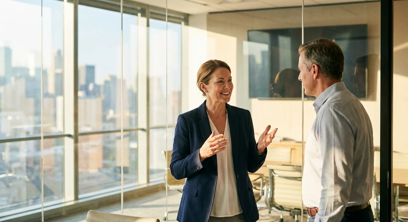 A financial advisor speaking with a client in a professional, sunlit office.