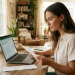 A woman analyzing her finances on a laptop and receipts in a bright home office.