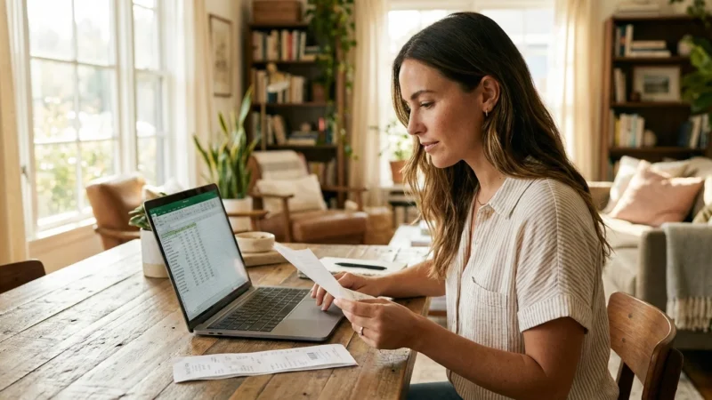 A woman analyzing her finances on a laptop and receipts in a bright home office.