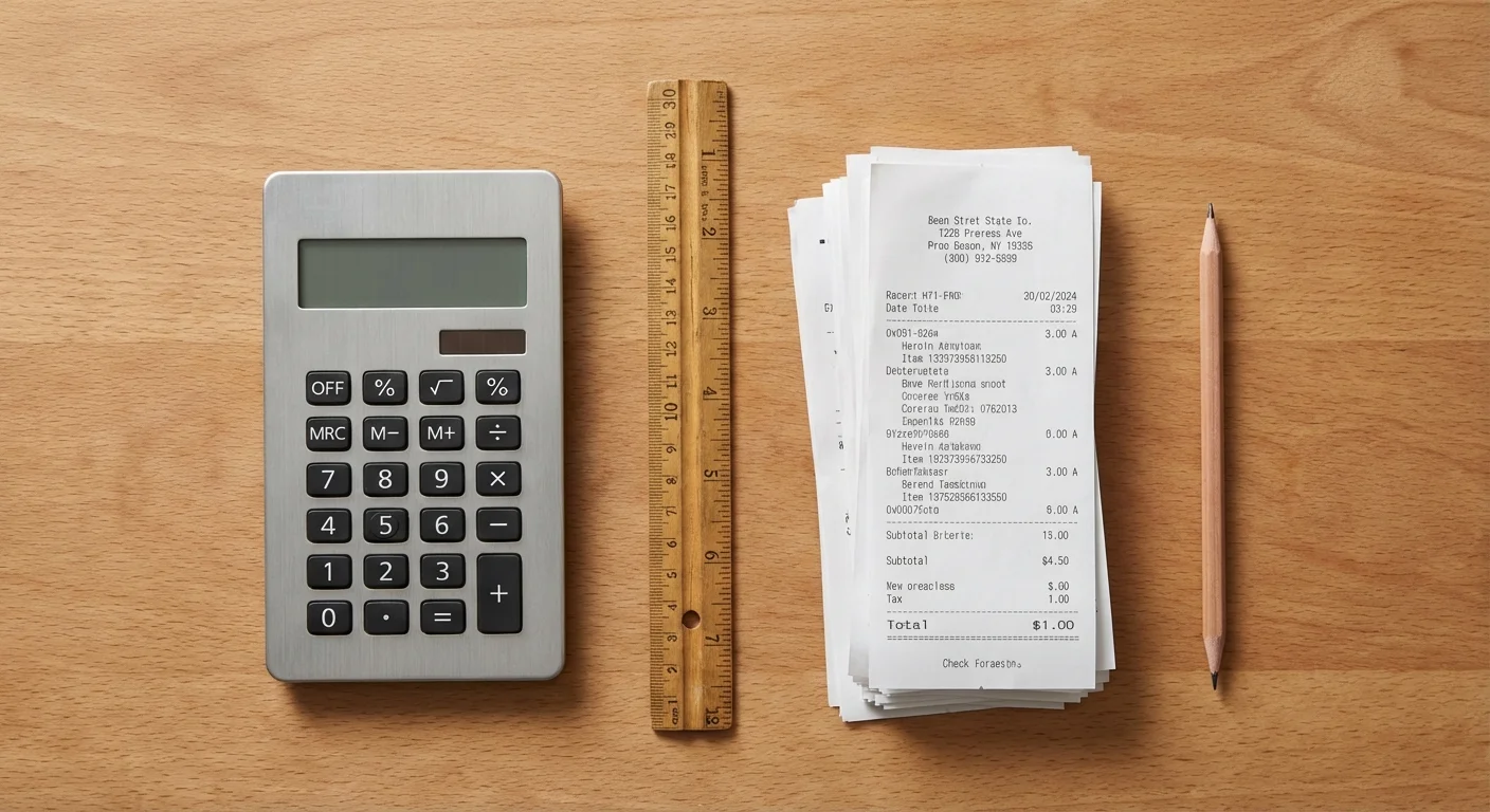 A flat lay of a calculator, ruler, and receipts on a wooden desk.