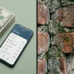 Stack of hundred-dollar bills and a smartphone banking app beside a cracked brick wall