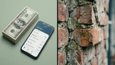 Stack of hundred-dollar bills and a smartphone banking app beside a cracked brick wall