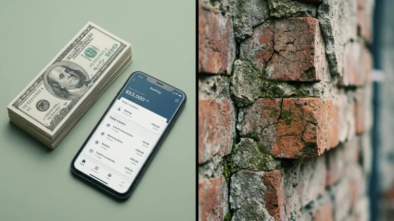 Stack of hundred-dollar bills and a smartphone banking app beside a cracked brick wall