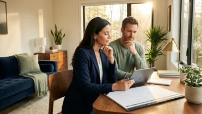 A couple planning their finances together in a bright, modern home office.