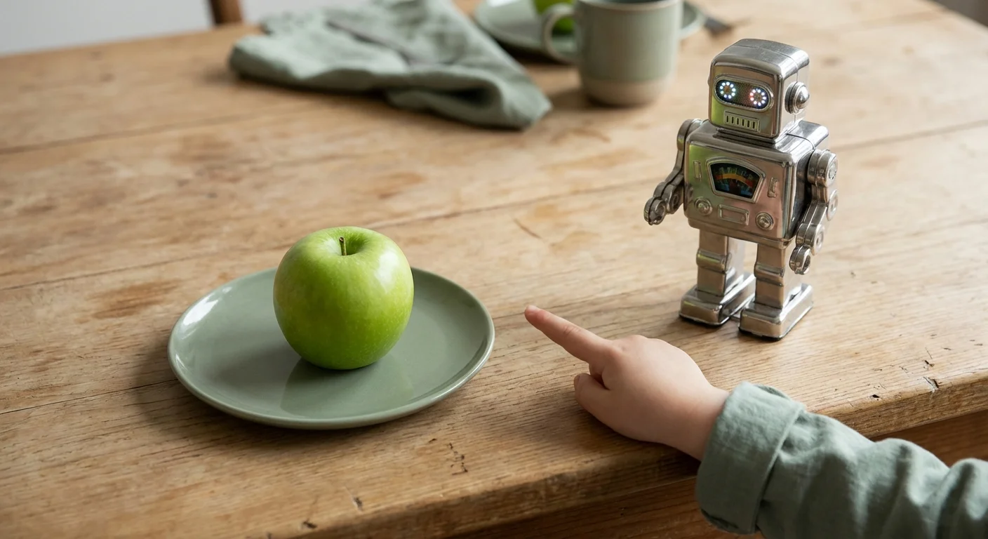 A green apple and a toy robot on a table, representing needs versus wants.