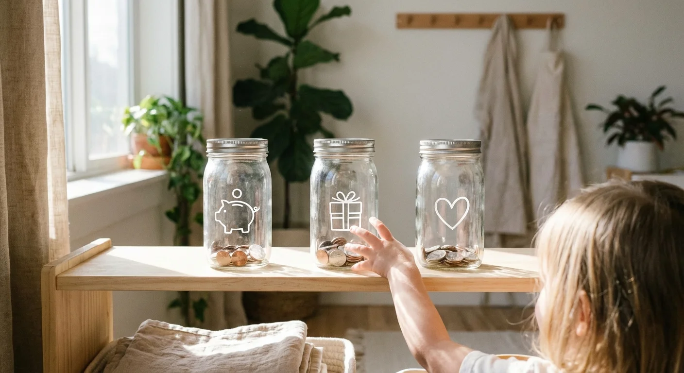 Three glass jars labeled with icons for saving, spending, and giving, filled with coins.