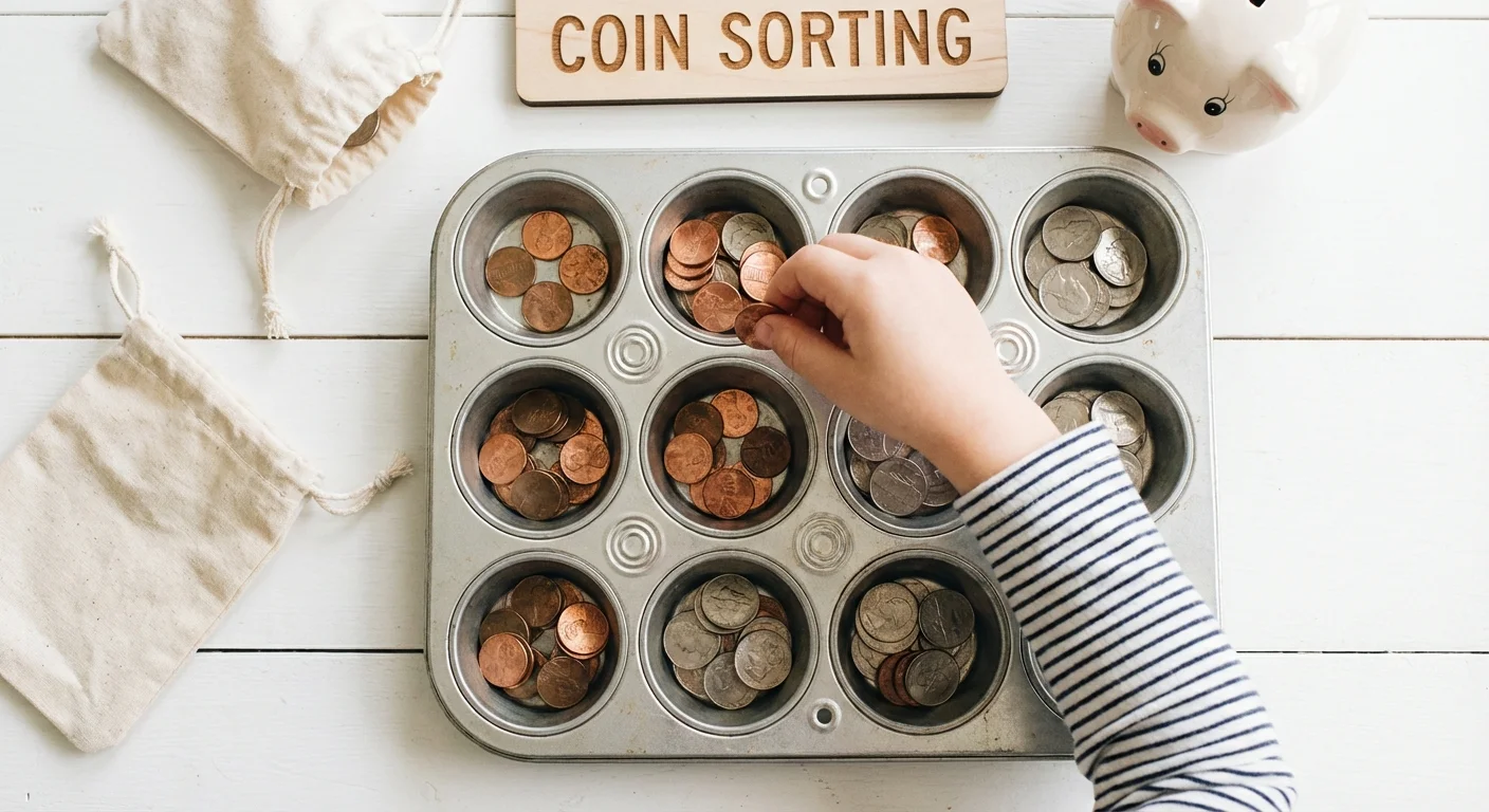 A top-down view of a child sorting different coins into a metal muffin tin.