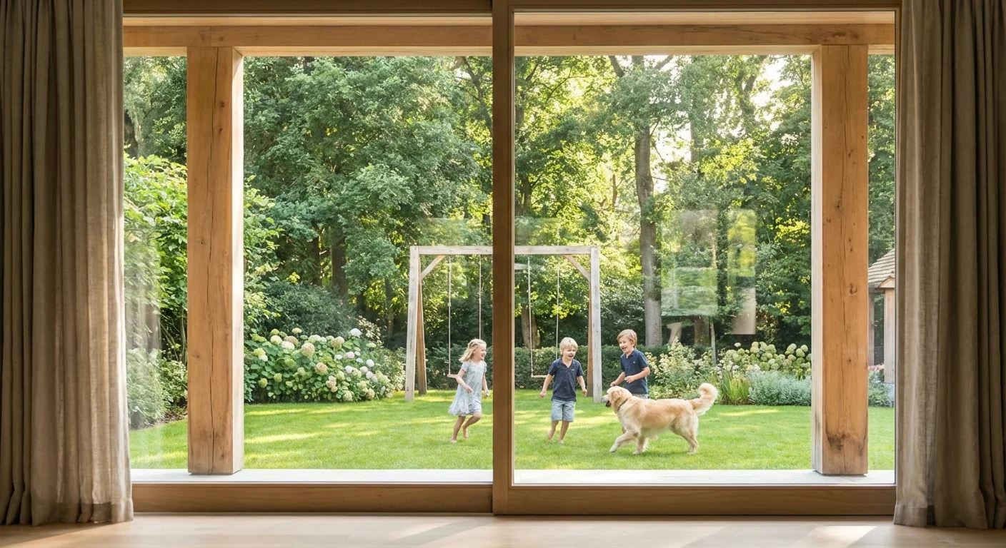 A view of children playing in a backyard seen through a modern glass door.